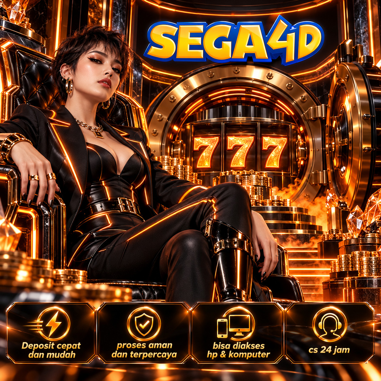 Poster SEGA4D: karakter bergaya modern di depan ruang logam bercahaya jingga